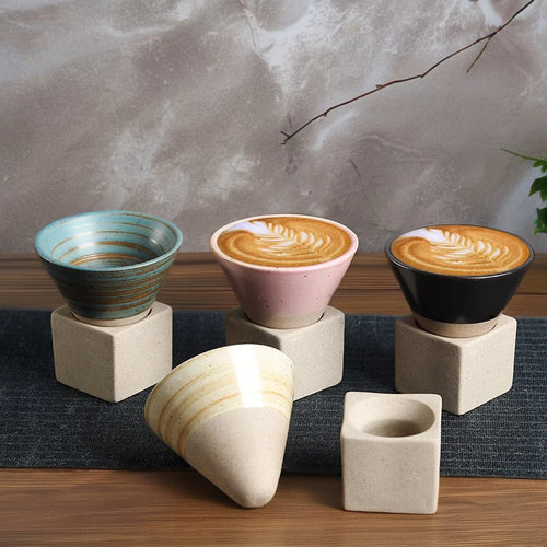 Retro Japanese Style Stoneware Ceramic Coffee Cups Vintage Tea Mug with Base Espresso
