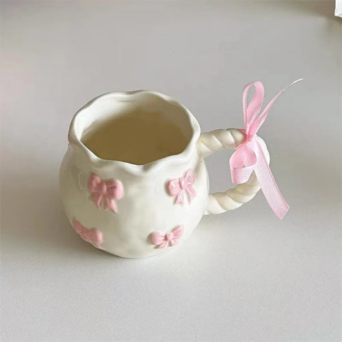 350ml Ins Style Handmade Ceramic Cup Light Luxury Gift Mugs Pink Bow Coffee Cups