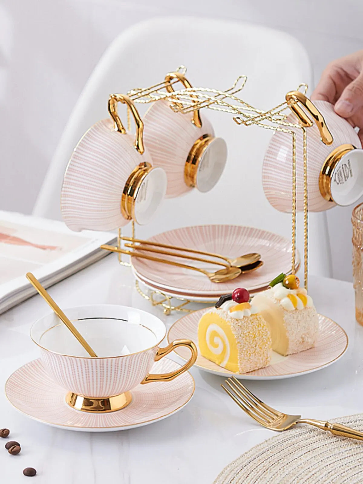 Nordic Striped Bone China Cup and Saucer Set with Golden Spoon - image 4