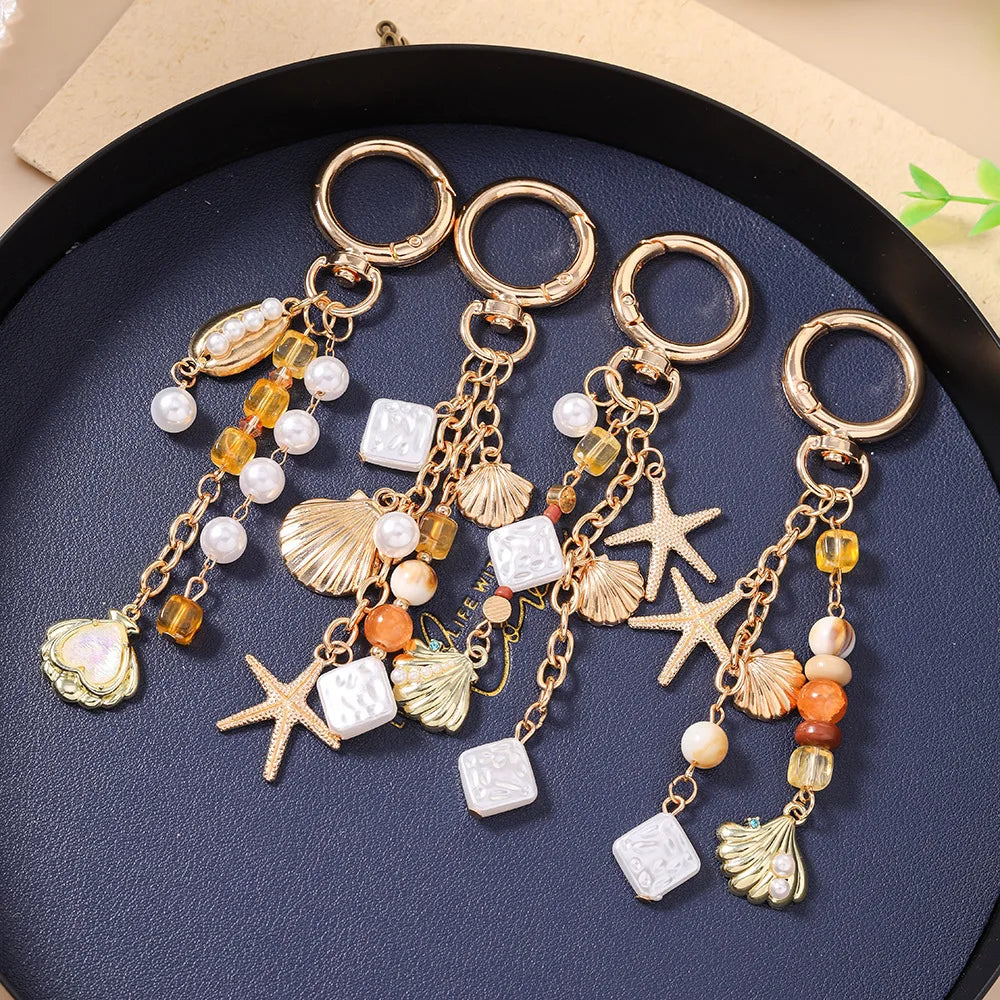 Pearl Beaded Starfish and Shell Keychain, Zinc Alloy Beach Charm - image 4