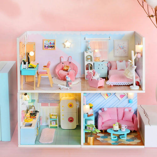 Playhouse Miniature House Set Wooden DIY Craft Model for Toy Furniture Toys Set Ages 14+
