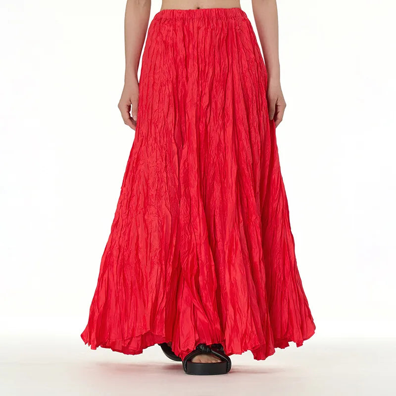 Crinkled Acetate Umbrella Maxi Skirt with Elastic Waist, Free Size