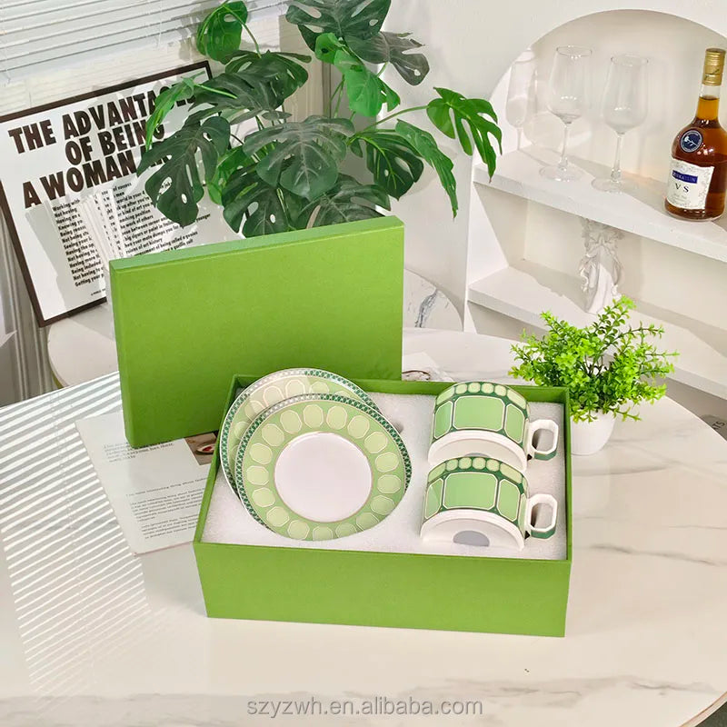Bone China Coffee Cup Set for Two, 2 Cups and 2 Plates, 230 ml