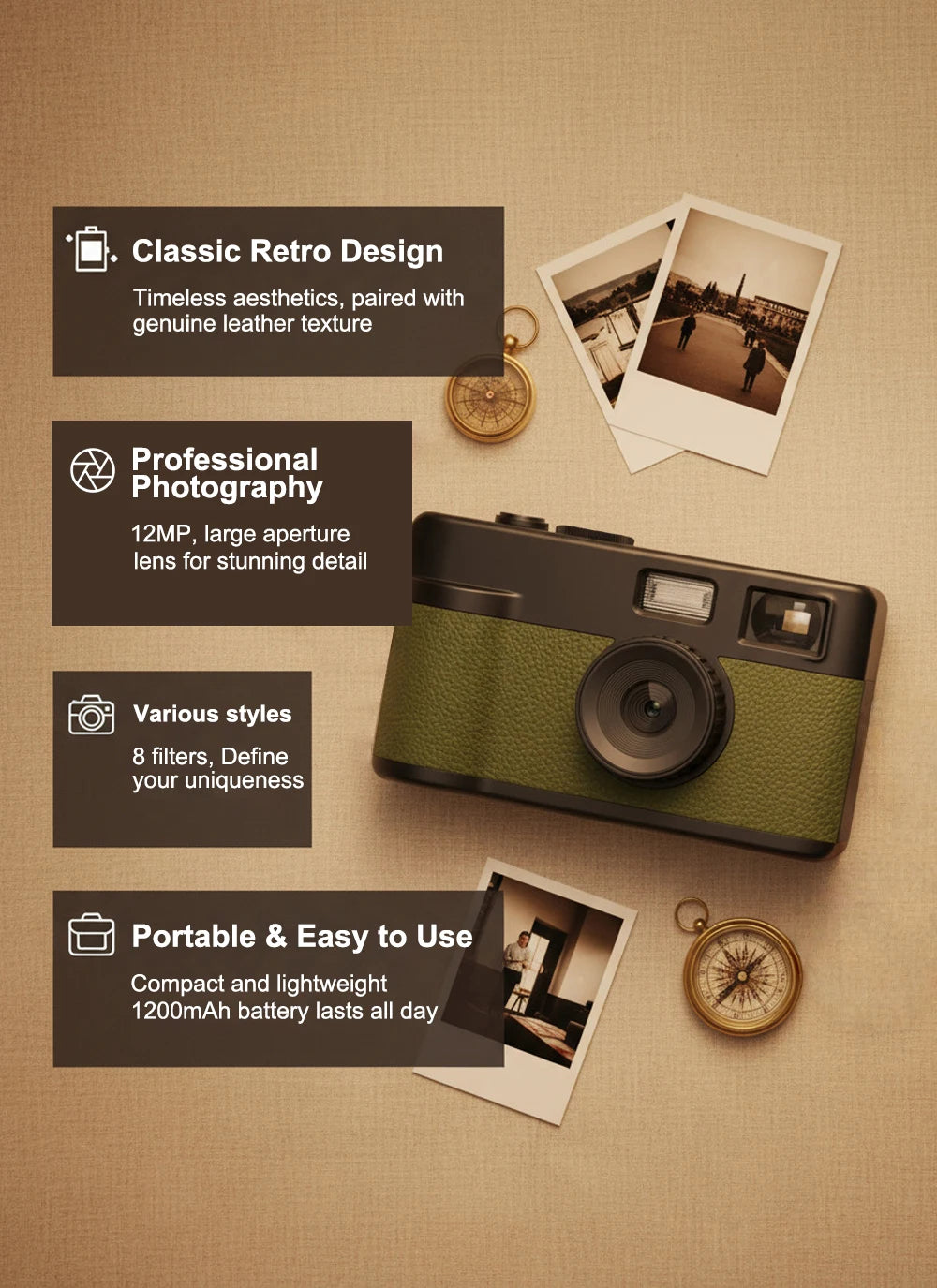 Retro Compact Screenless CMOS Sensor Digital Camera with LED Flash 12MP for Camping Use