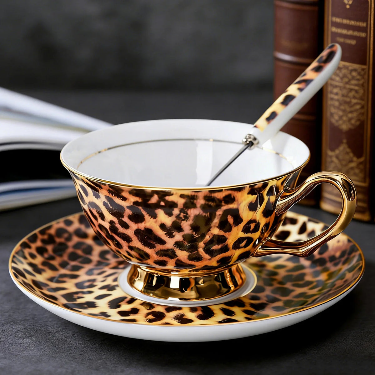 Leopard Print Bone China Coffee Cup and Saucer Gift Set with Spoons
