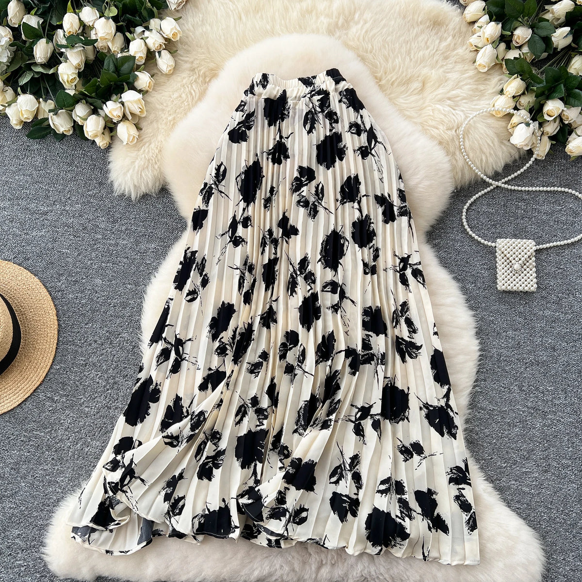 Vintage Floral Printed Pleated Skirt for Women Autumn Winter High Waist Slimming A-line
