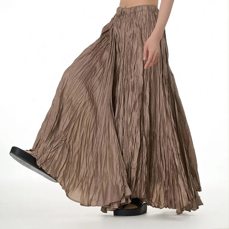Elegant Drape Crumpled Breathable Acetate Fibre Women Summer Elastic Waist Big-Hem Long