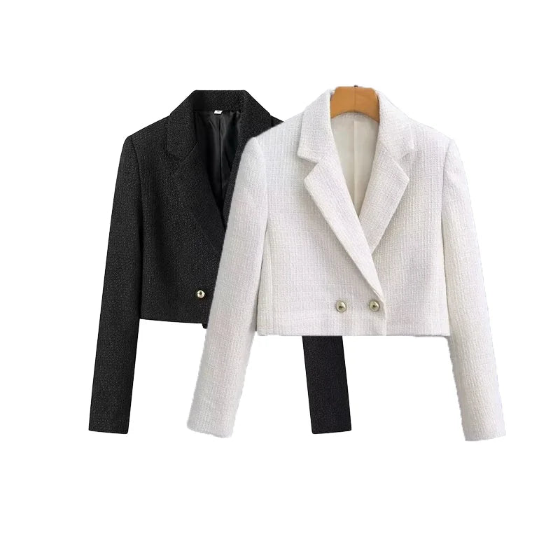 Double Breasted Long Sleeve Solid Woven Breathable Casual Fashion Crop Blazer Jacket