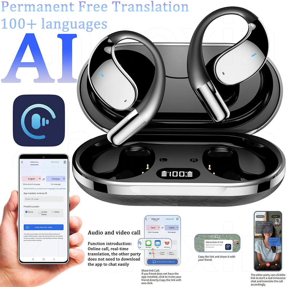 Open-Ear Sports Earbuds with Mini Ear Hooks, IPX5, AI Translation