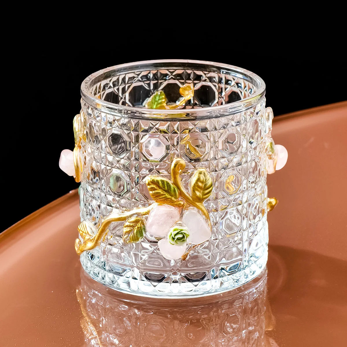 Rotating Glass Cup with Natural Crystal Inlay Handcrafted Luxury Whiskey Tumbler for Home