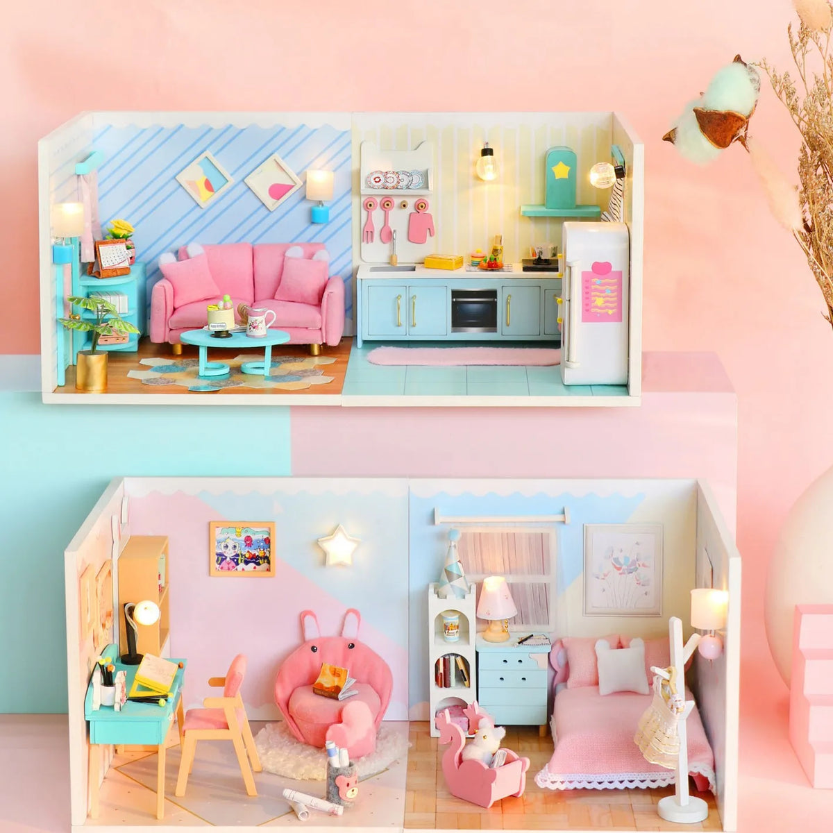 Playhouse Miniature House Set Wooden DIY Craft Model for Toy Furniture Toys Set Ages 14+