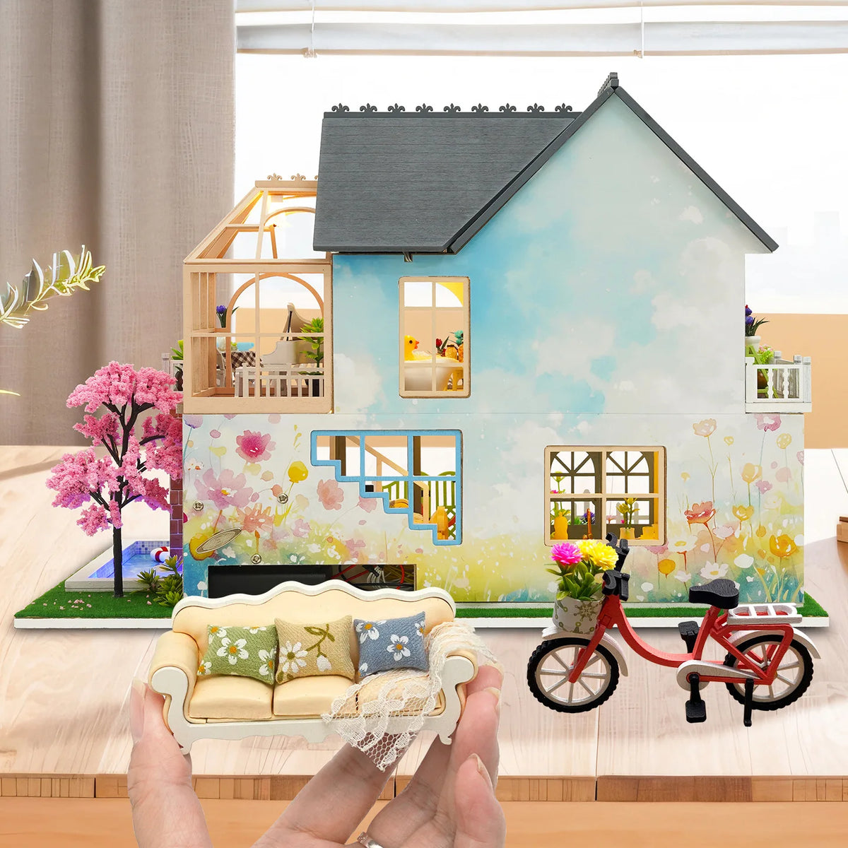 DIY Wooden Miniature Cottage Kit with LED Lights and Pool, 1:48 Scale - image 3