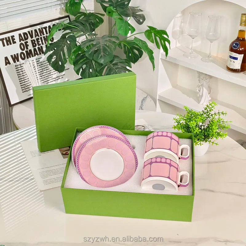 Bone China Coffee Cup Set for Two, 2 Cups and 2 Plates, 230 ml