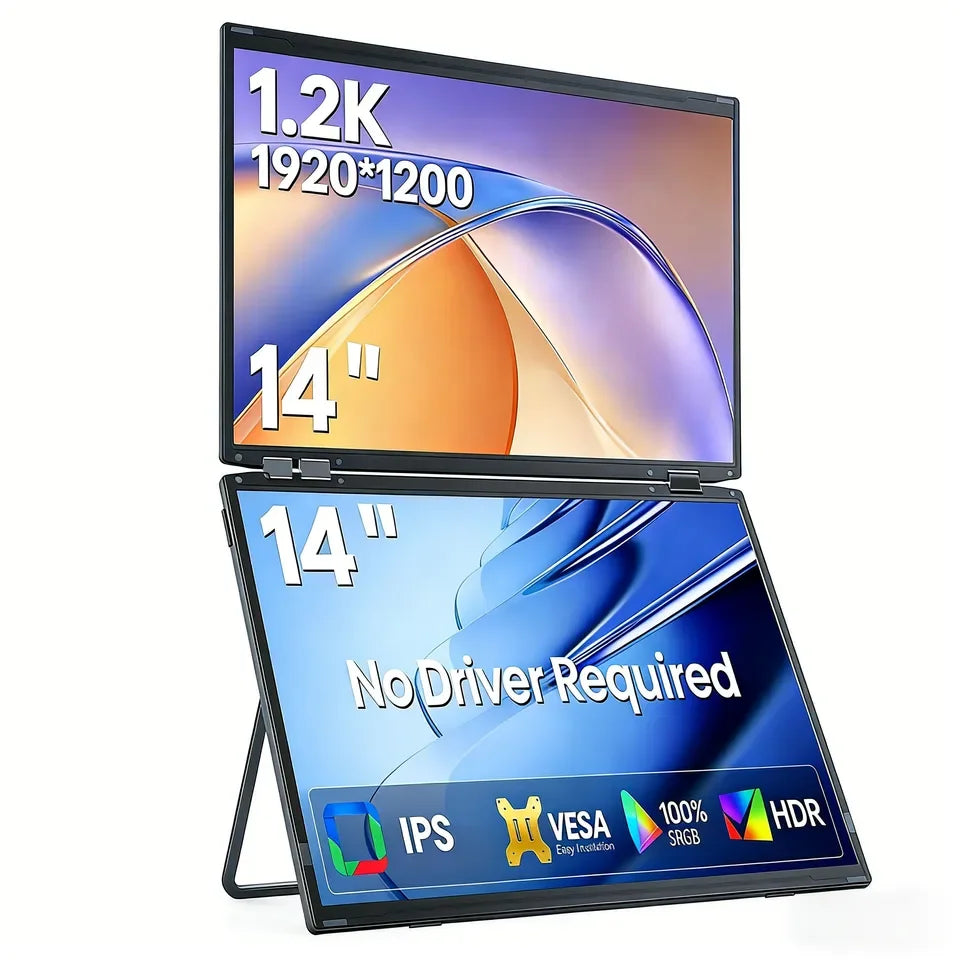 Stacked Dual 14" IPS Laptop Screen Extender, 1920x1200, 16:10