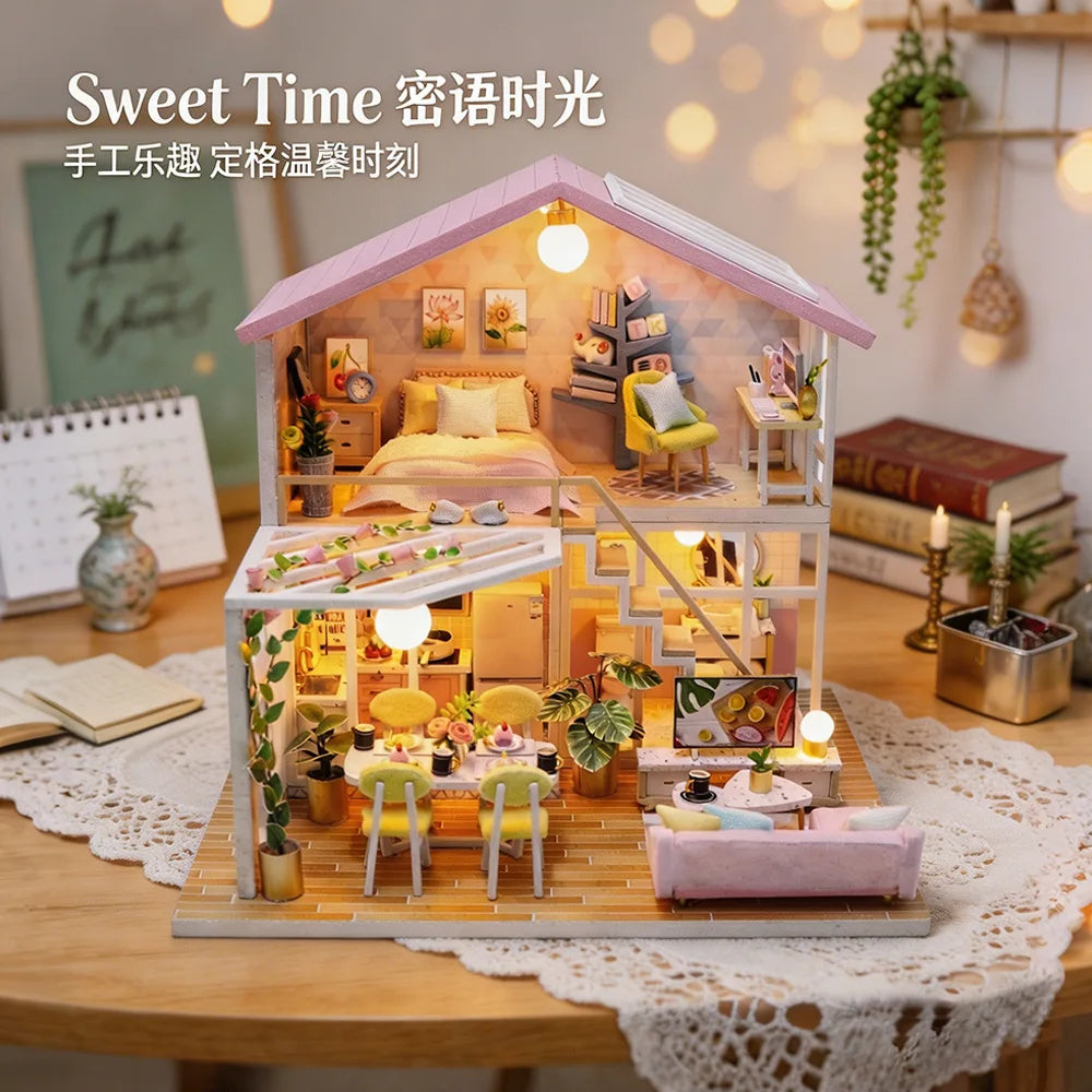 DIY Wooden Miniature House Building Kit with Doll House Furniture and Detailed Interior