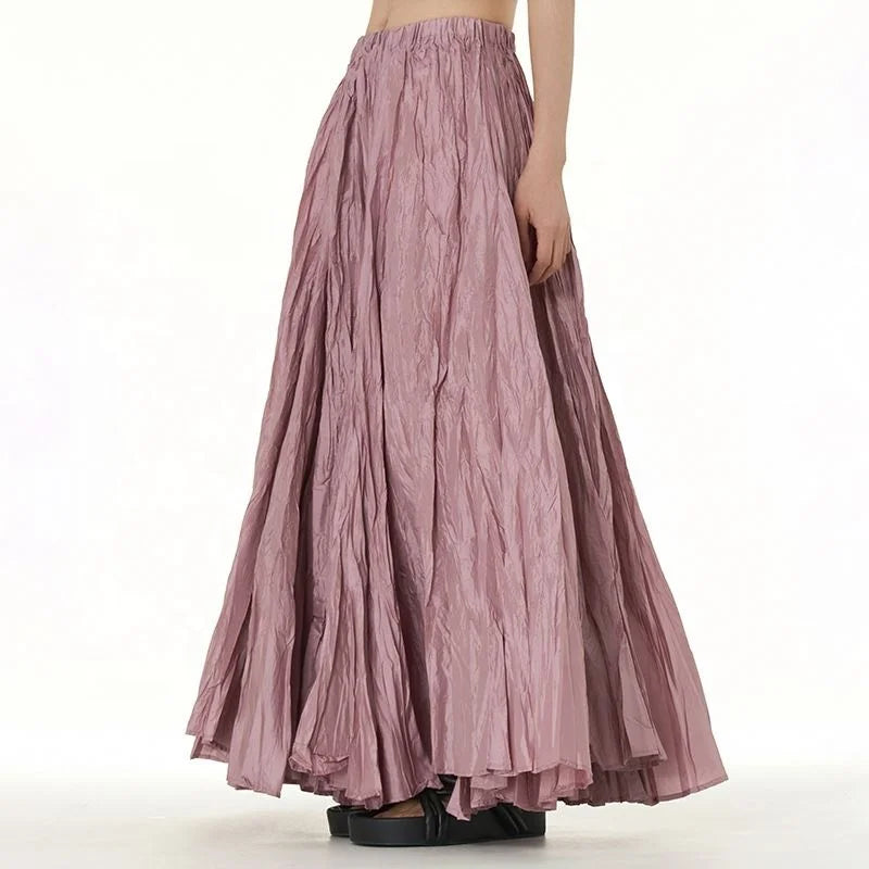 Elegant Drape Crumpled Breathable Acetate Fibre Women Summer Elastic Waist Big-Hem Long
