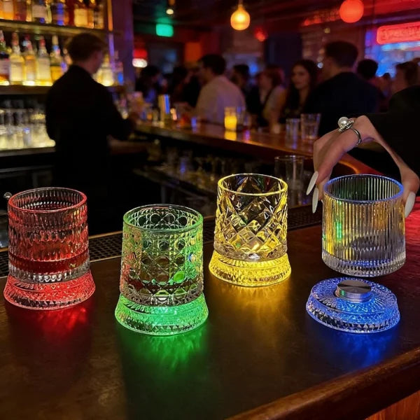 360 Degree Spinning Whiskey Glass with Colorful LED Light Up Base for KTV Bar Home Decor