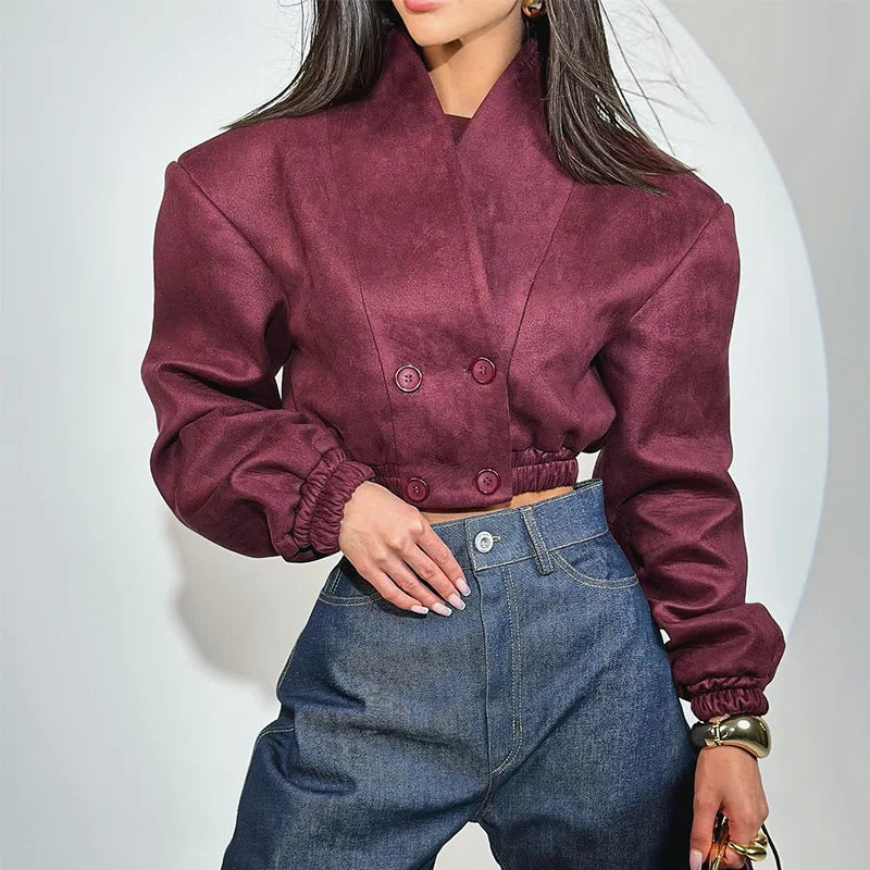 Burgundy Suede Cropped Blazer with Puff Shoulders, Double-Breasted - image 2