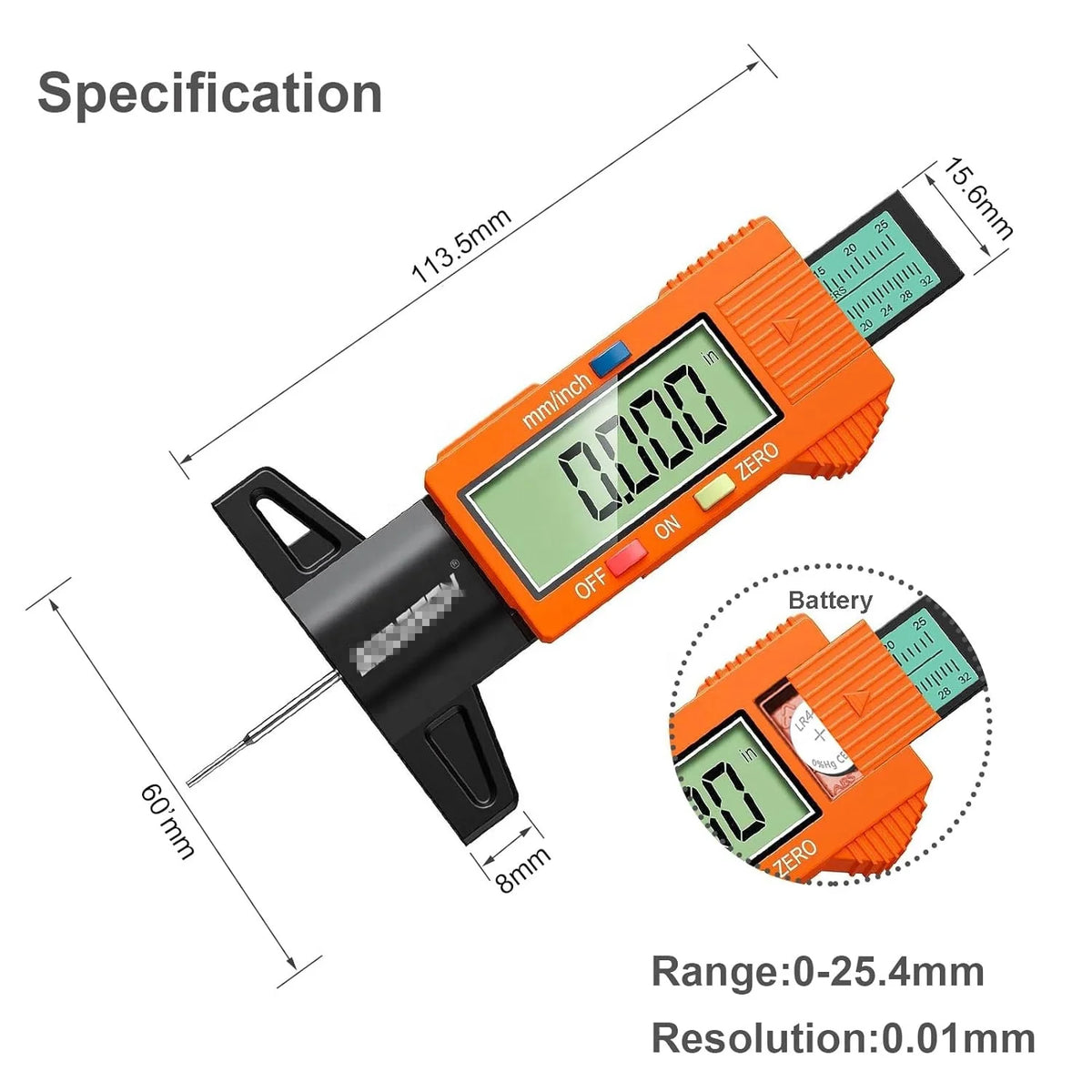 Orange Digital Tread Depth Gauge with Large LCD, 50 g, 0-1" - image 6