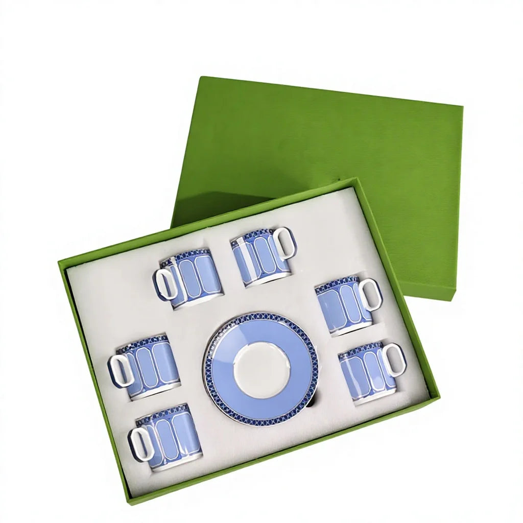 Geometric Bone China Espresso Cup Set, 6 Cups and 6 Plates, 80 ml