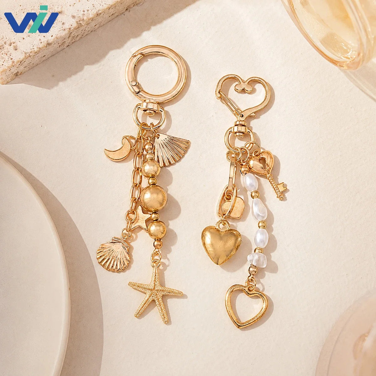 Moon and Star Pearl Beaded Key Ring with Starfish or Heart Charm - image 2