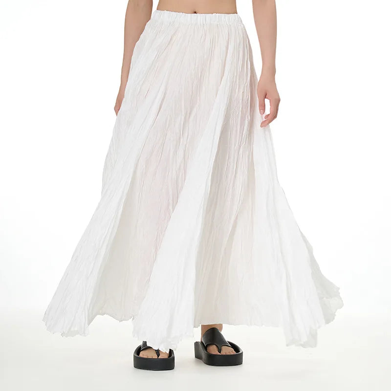 Crinkled Acetate Umbrella Maxi Skirt with Elastic Waist, Free Size