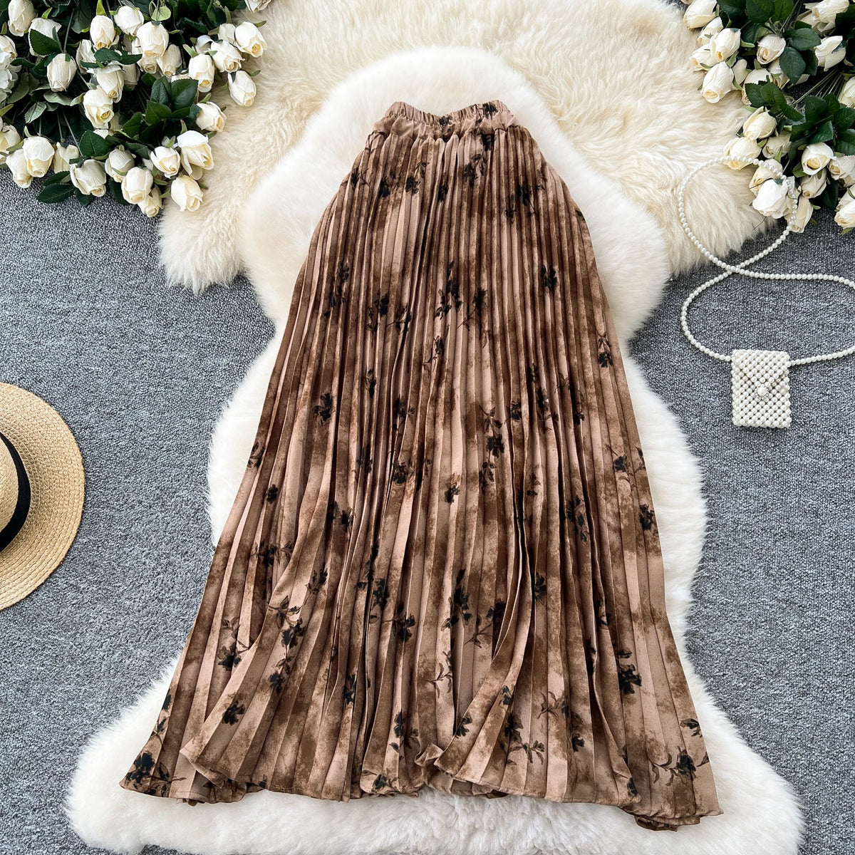 Vintage Floral Printed Pleated Skirt for Women Autumn Winter High Waist Slimming A-line