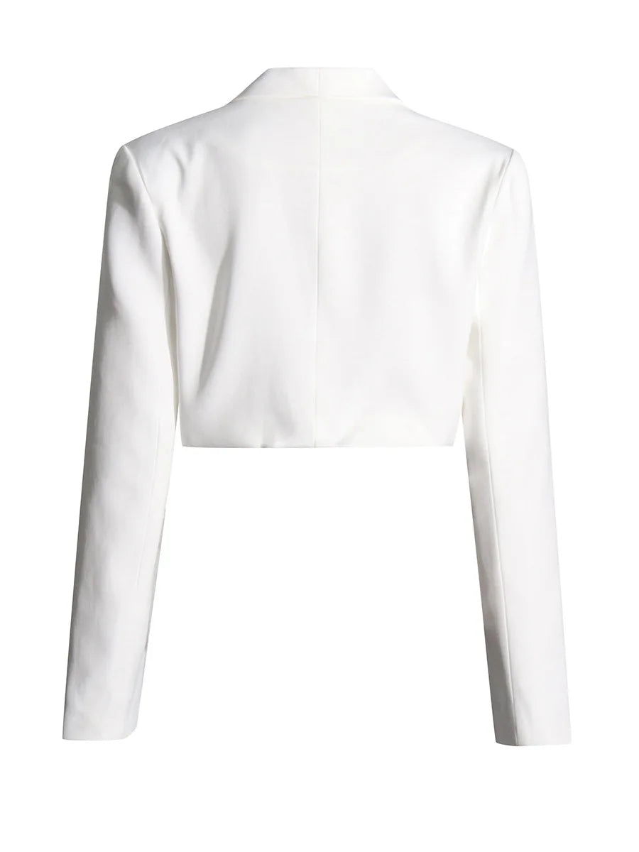 White Cropped Blazer with 3D Flower Ruffle and Crystal Details - image 2