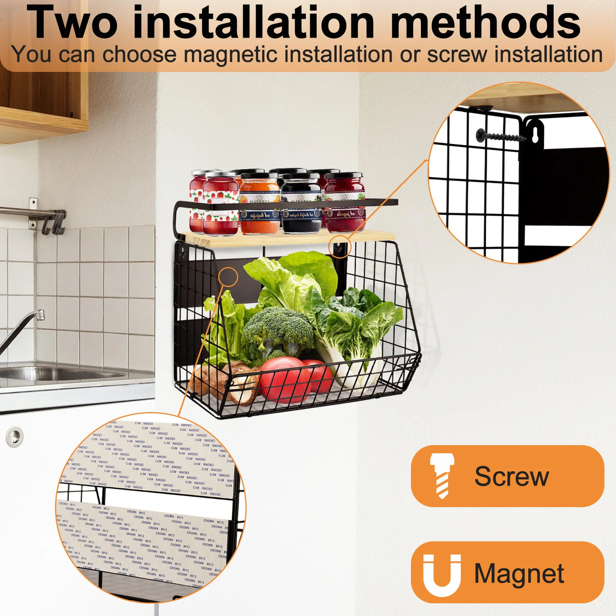 Magnetic Spice Rack with Large Container and Wood Lid Use As a Dish Rack in Kitchen