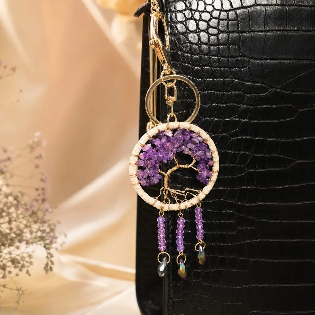 Natural Crystal Chips Tree of Life Dreamcatcher Crystal Key Chains Tassel Beaded Key Ring