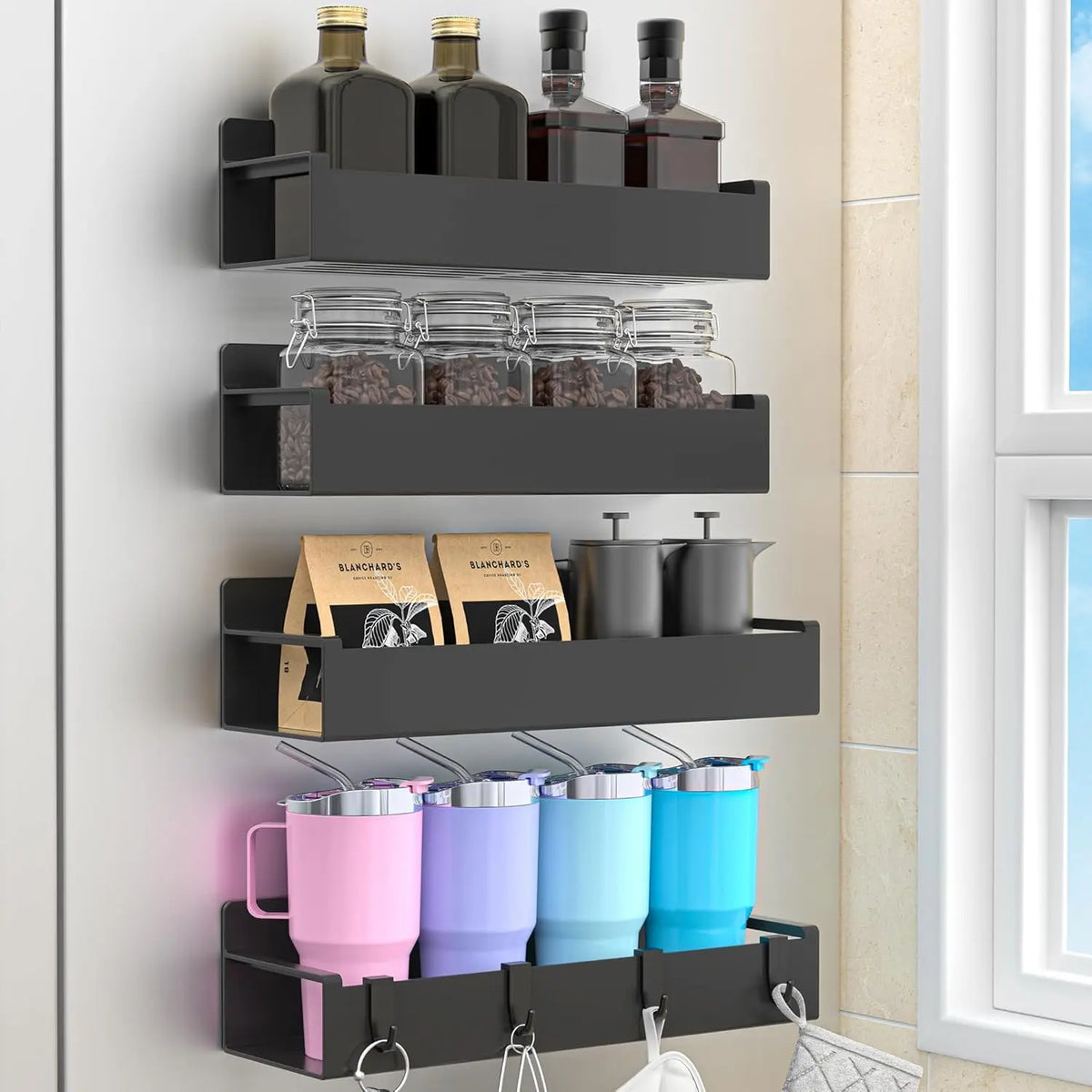 3-Tier Magnetic Fridge Spice Rack with Hooks, Black Iron, No Drill