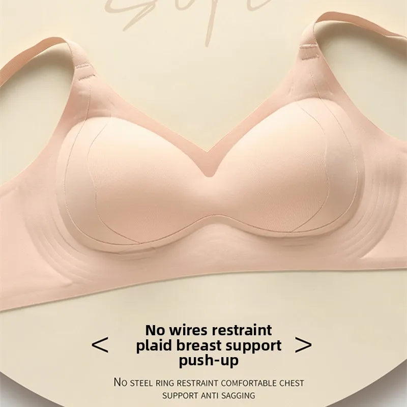 Seamless Solid Pattern Bra Wire-Free Fixed Sliding Cup Underwear Breast-Retracting Jelly