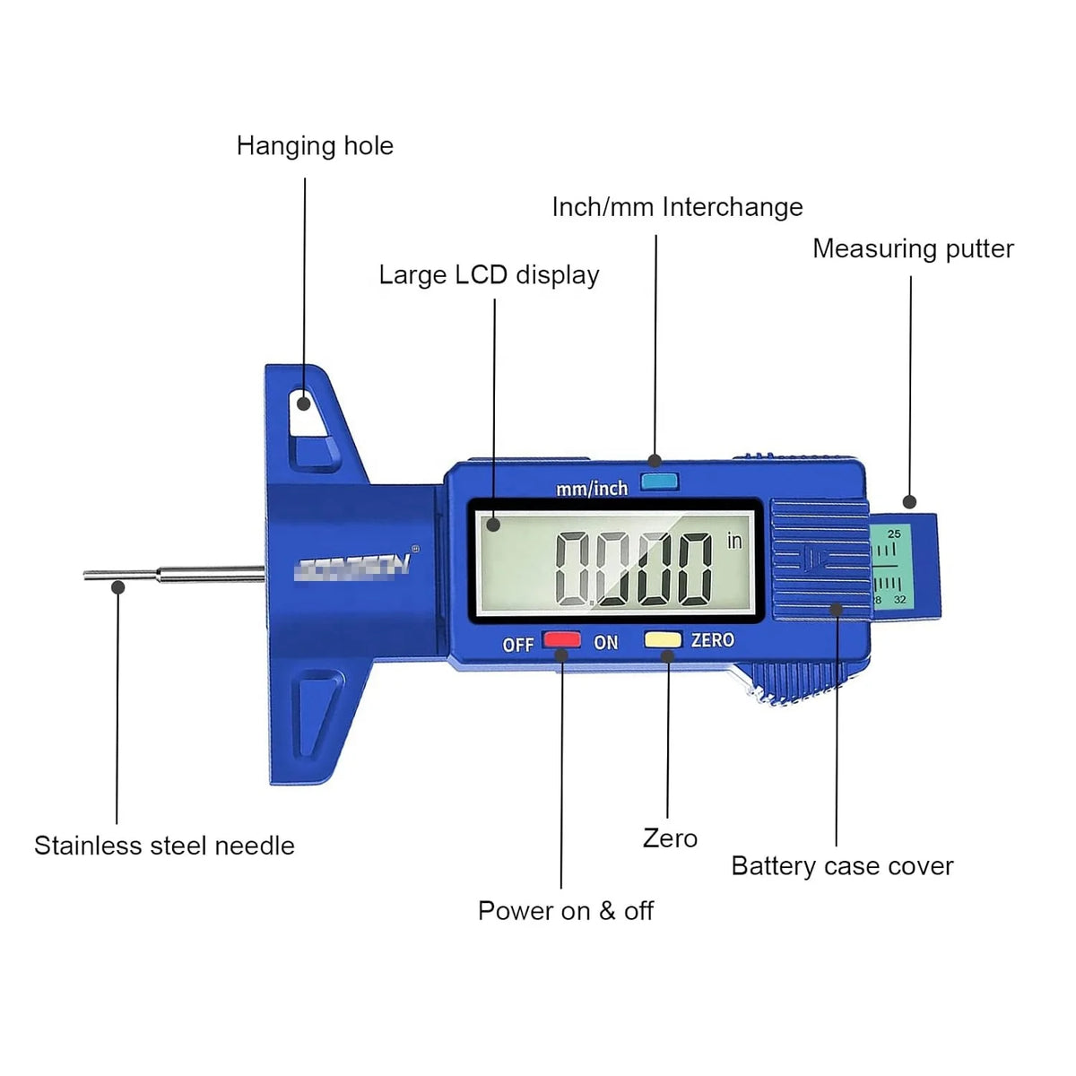 Blue Color Tire Tread Depth Measuring Tool in Inch/MM with Large LCD Display