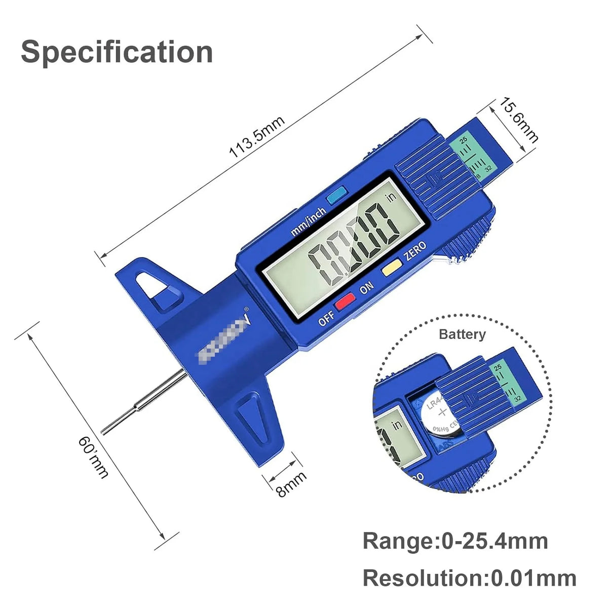 Blue Color Tire Tread Depth Measuring Tool in Inch/MM with Large LCD Display