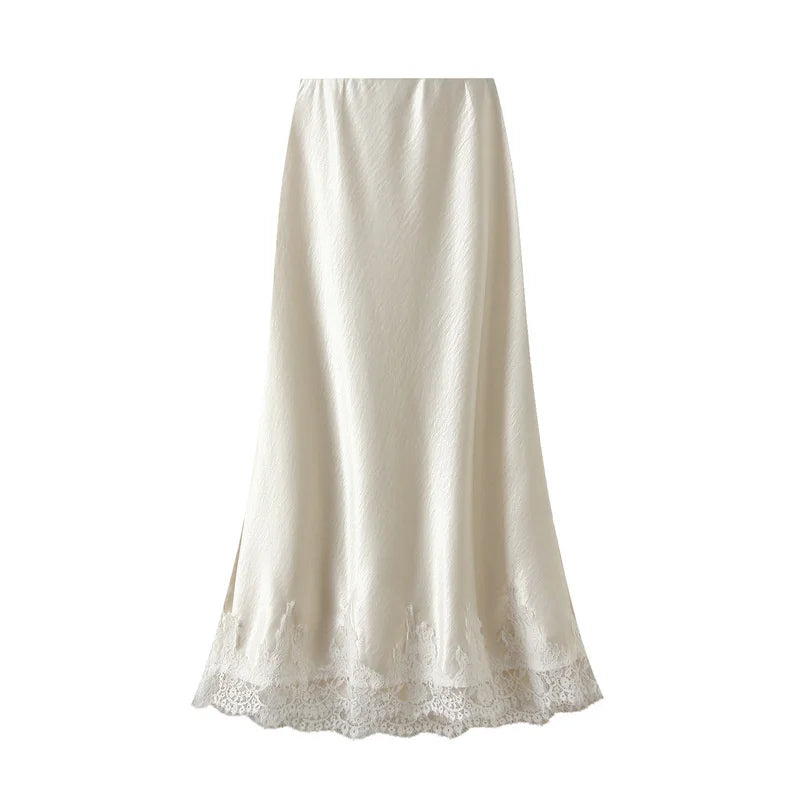 Satin Lace Patchwork Long Skirt with Elastic Waist, Ankle Length - image 7