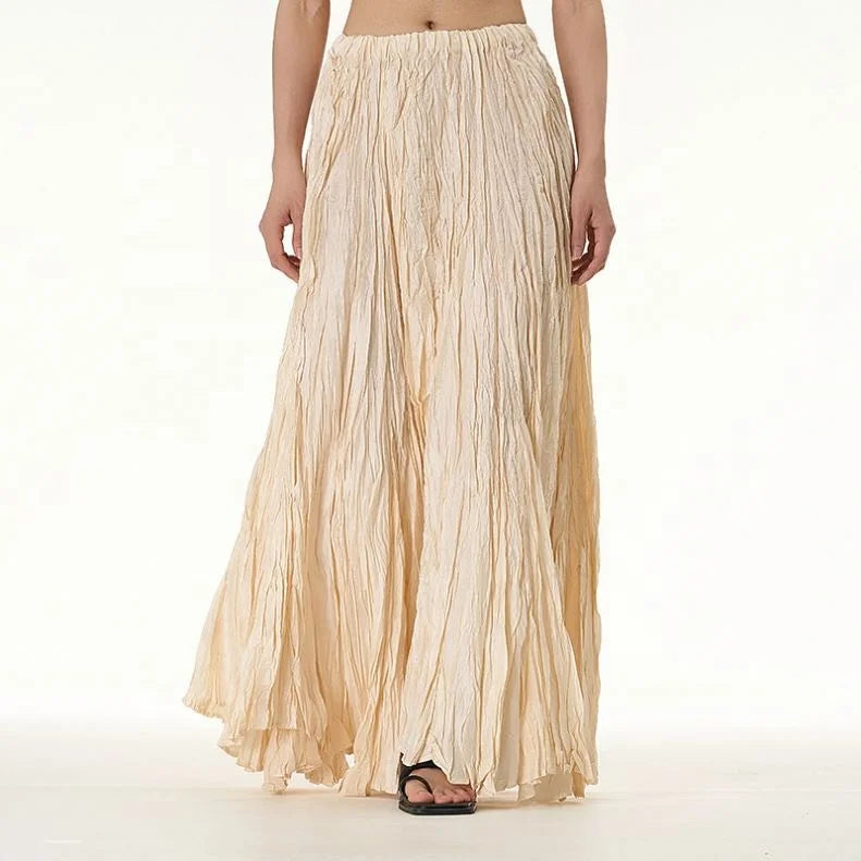 Elegant Drape Crumpled Breathable Acetate Fibre Women Summer Elastic Waist Big-Hem Long