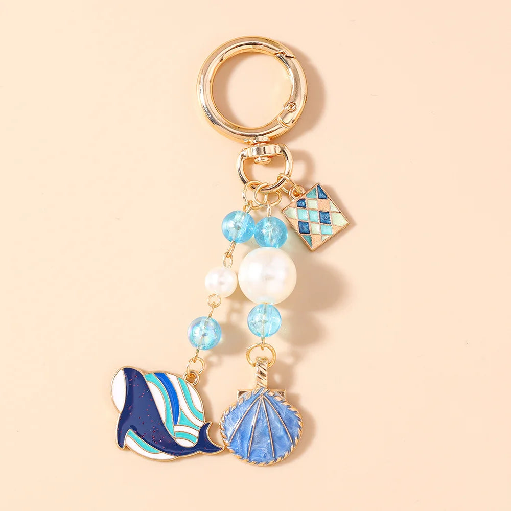 Whale or Shark Ocean Keychain with Shell Charm and Pearl Beads