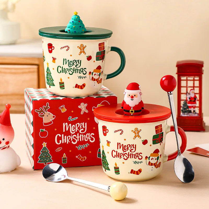 Christmas Porcelain Ceramic Coffee Mug with Lid and Spoon Eco-Friendly Glaze for Drink