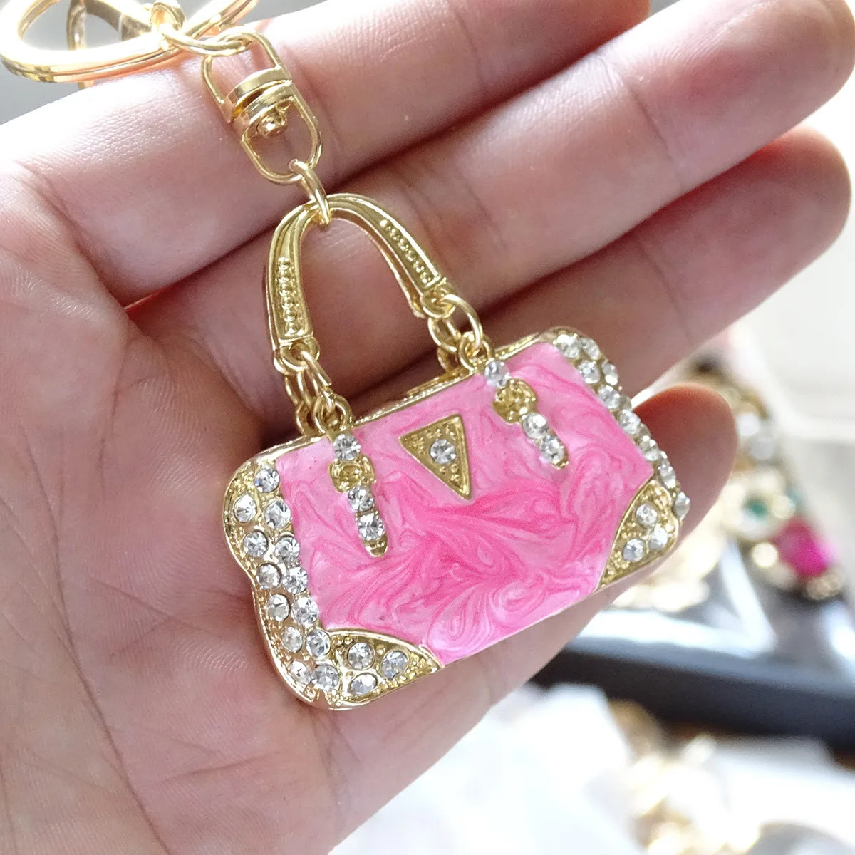 Enamel Mini Bag Keychain Charm with Rhinestones and Cloud Pattern - image 5