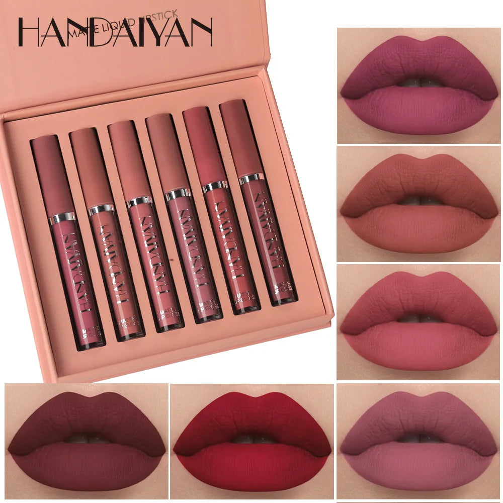 Matte Lip Glaze Set, 6 Shades, Beeswax Gel Tint, Non-Stick Cup
