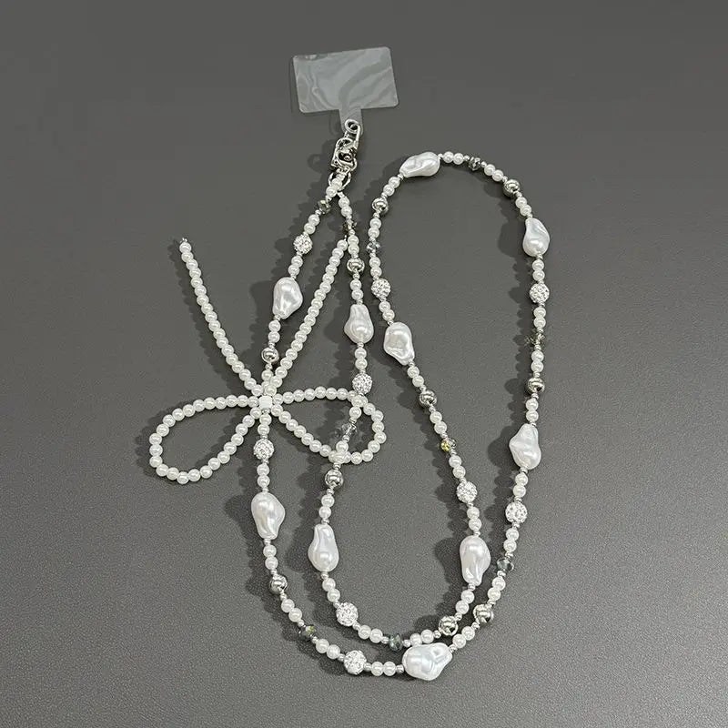 Silver Pearl Bow Long Phone Necklace Chain Crossbody Strap Beaded CCD Camera Bag Lanyard