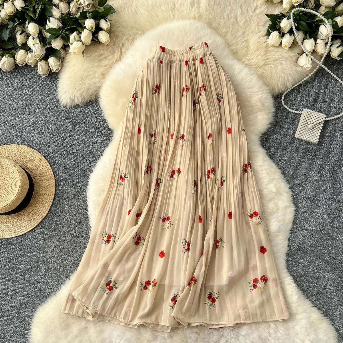 Floral or Solid Chiffon Draped Straight Skirt, High Waist - image 7