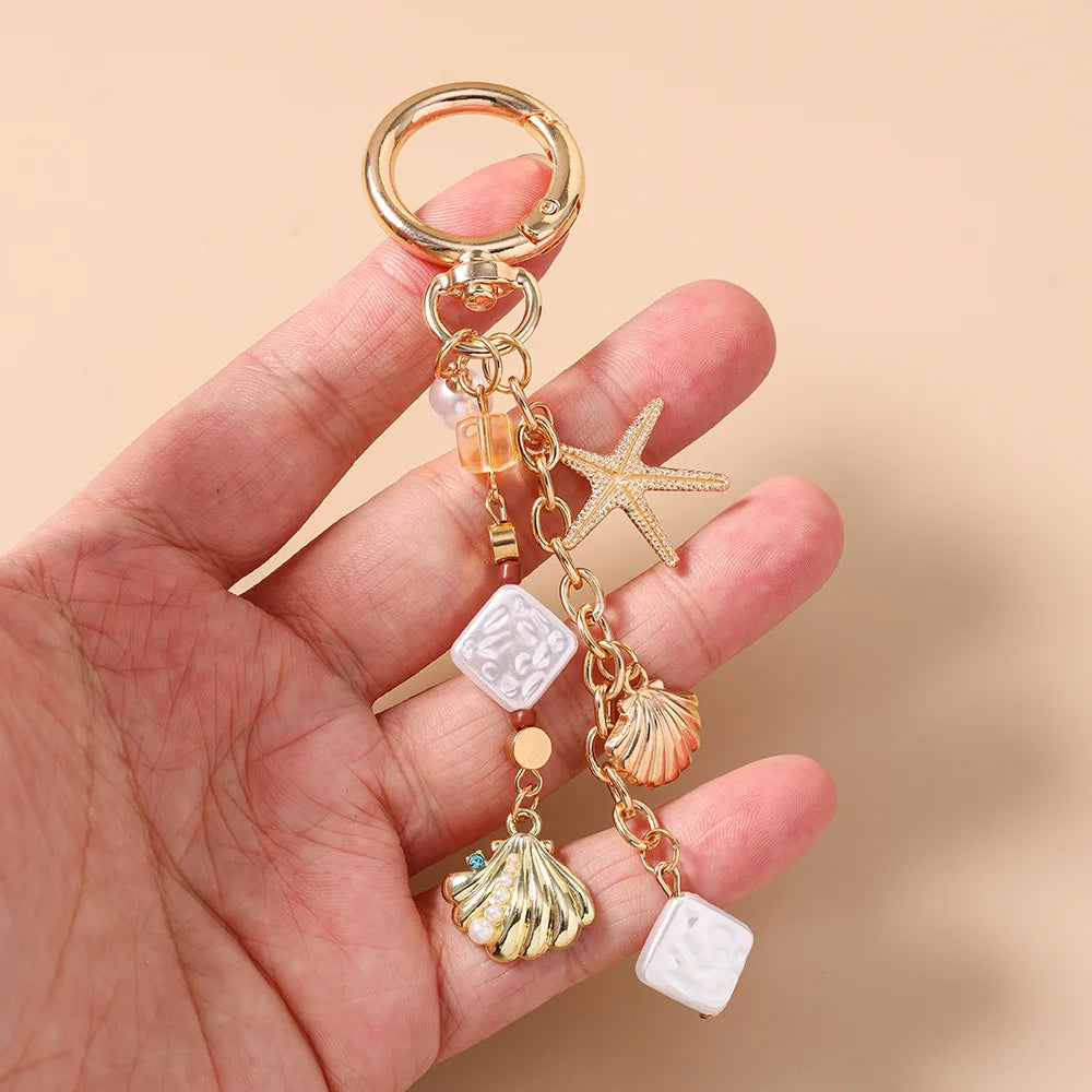 Pearl Beaded Starfish and Shell Keychain, Zinc Alloy Beach Charm - image 5