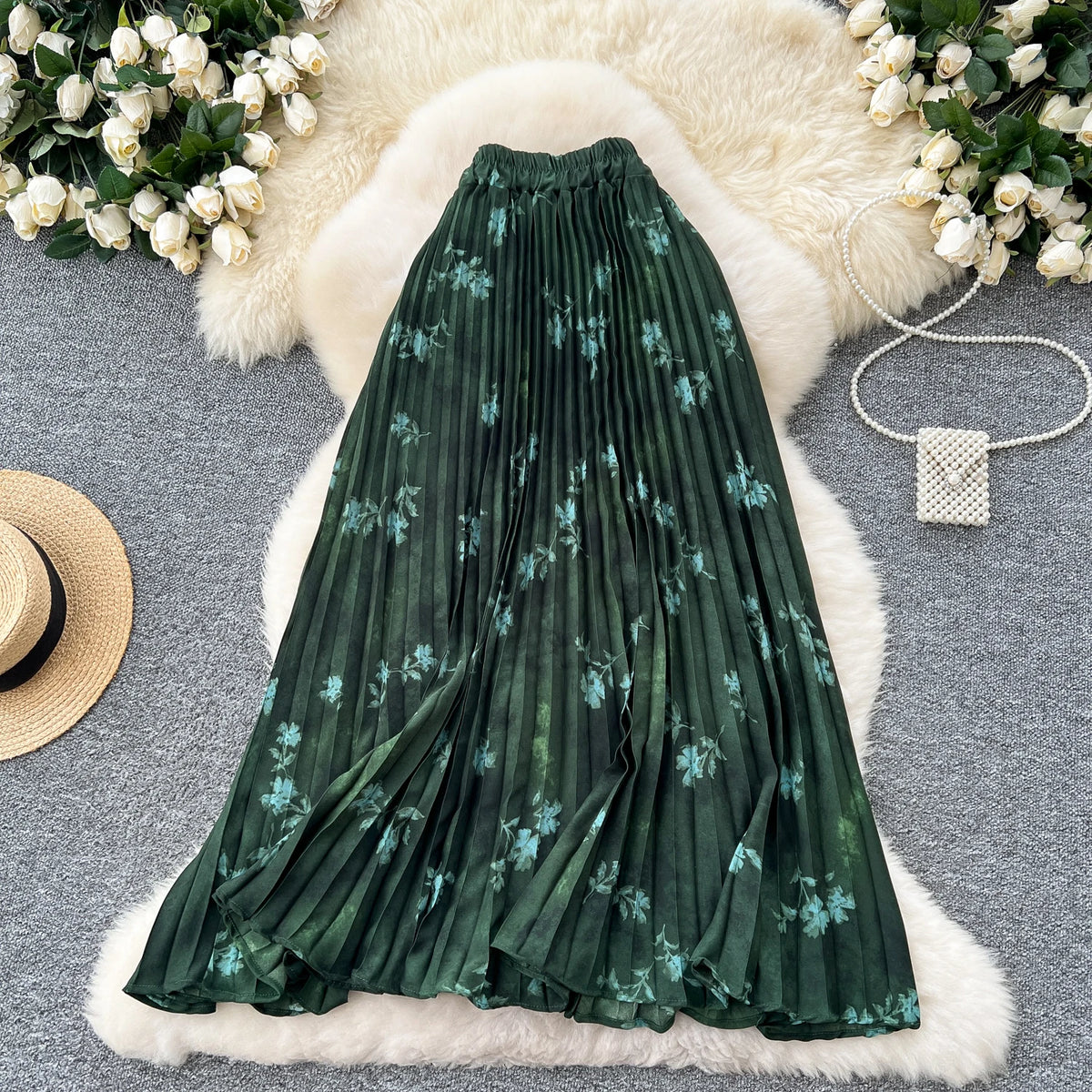 Vintage Floral Printed Pleated Skirt for Women Autumn Winter High Waist Slimming A-line