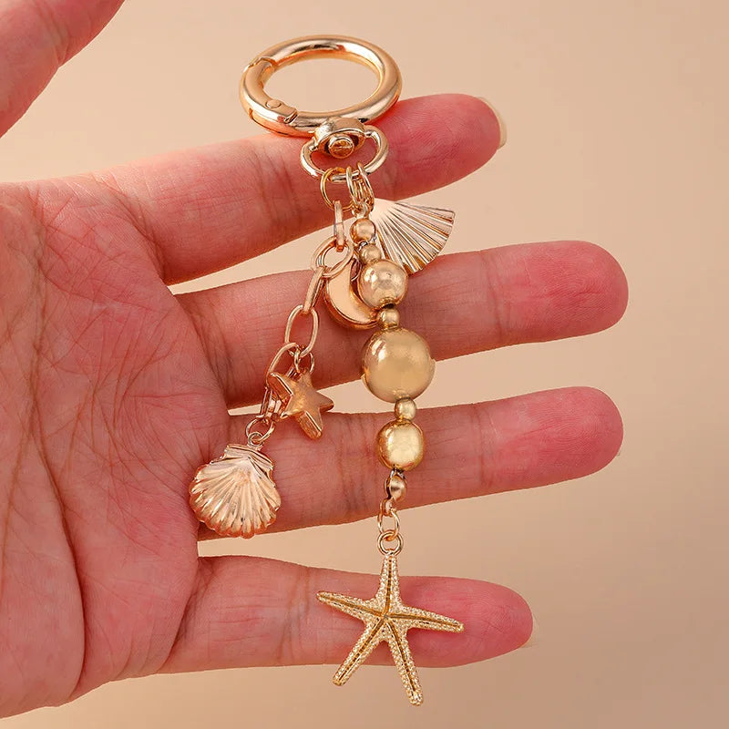 Moon and Star Pearl Beaded Key Ring with Starfish or Heart Charm - image 5