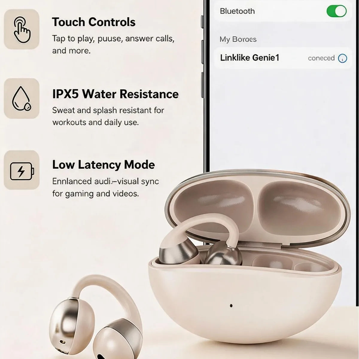 OpenEarRing Open-Ear Earbuds Hi-Res Audio Life Waterproof Long Playtime for 5.4