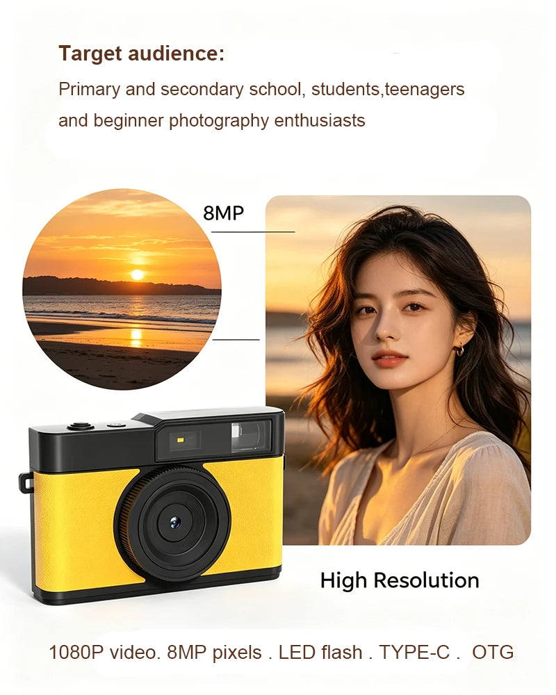 Retro Screenless Digital Camera 8MP Sensor LED Flash Screenless Camera Built-in Battery 3