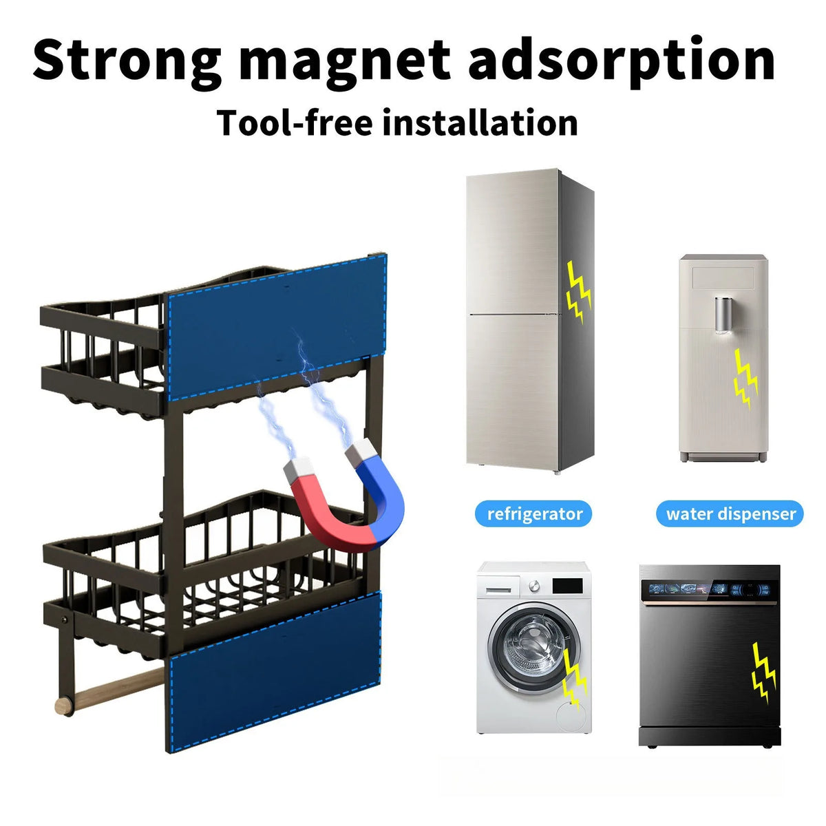 Foldable 3-Tier Magnetic Fridge Side Storage Rack, Carbon Steel - image 3