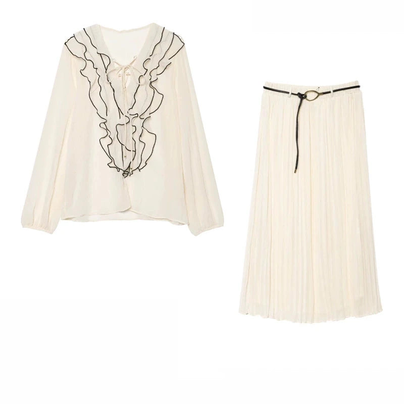 Taop&za Summer New Women's Elastic High Waist with Belt Drape Pleated Long Skirt Midi