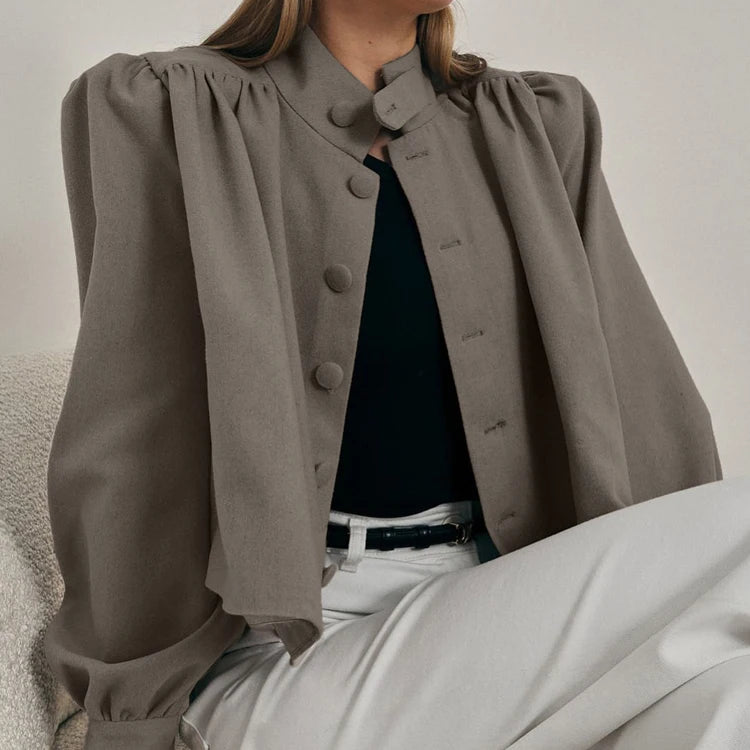 Khaki Linen-Blend Cropped Blazer Cardigan, Button-Up, S–L - image 2